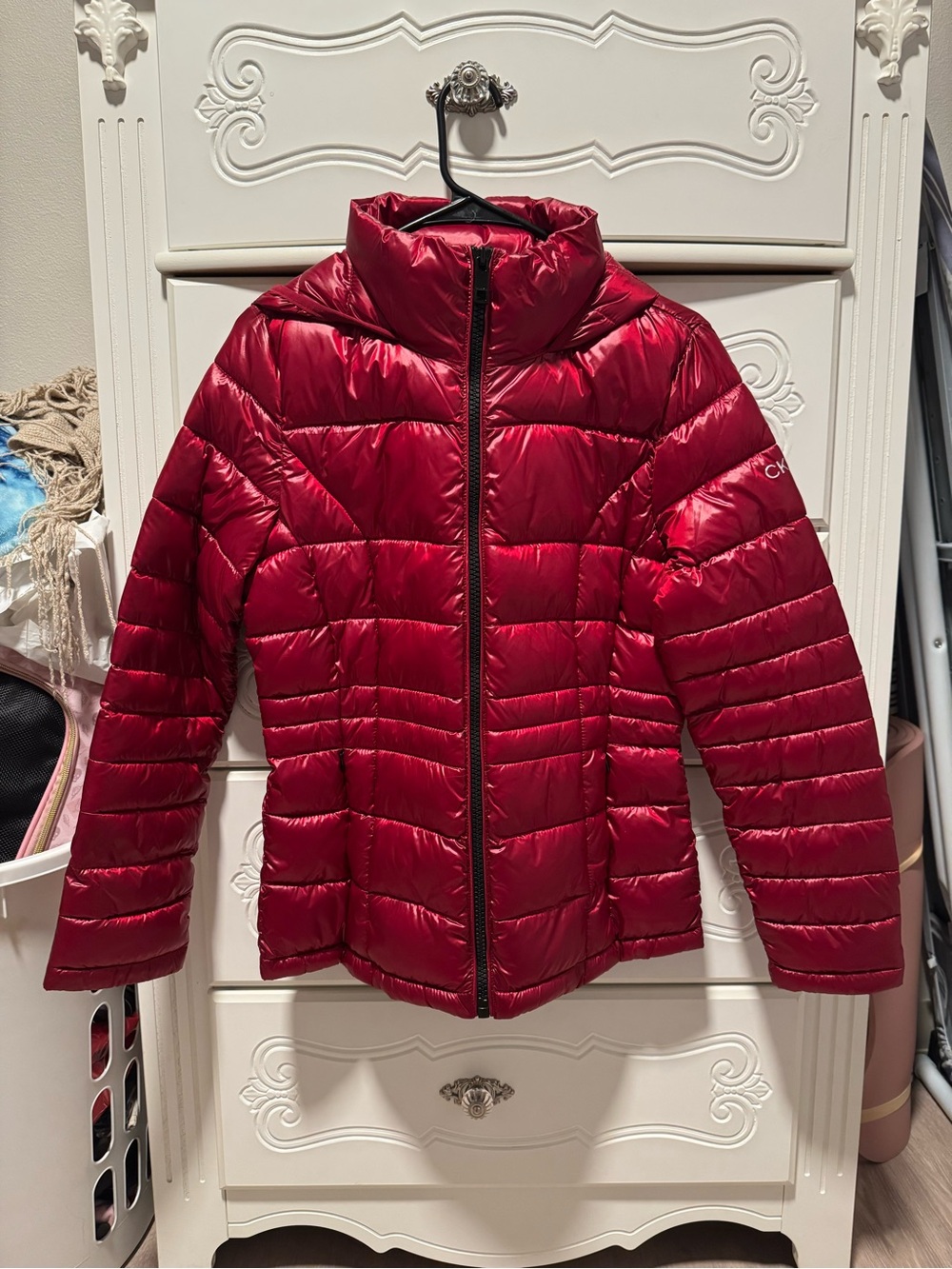 Calvin Klein Women's Red Hooded Packable Full Zip Insulated Puffer, M